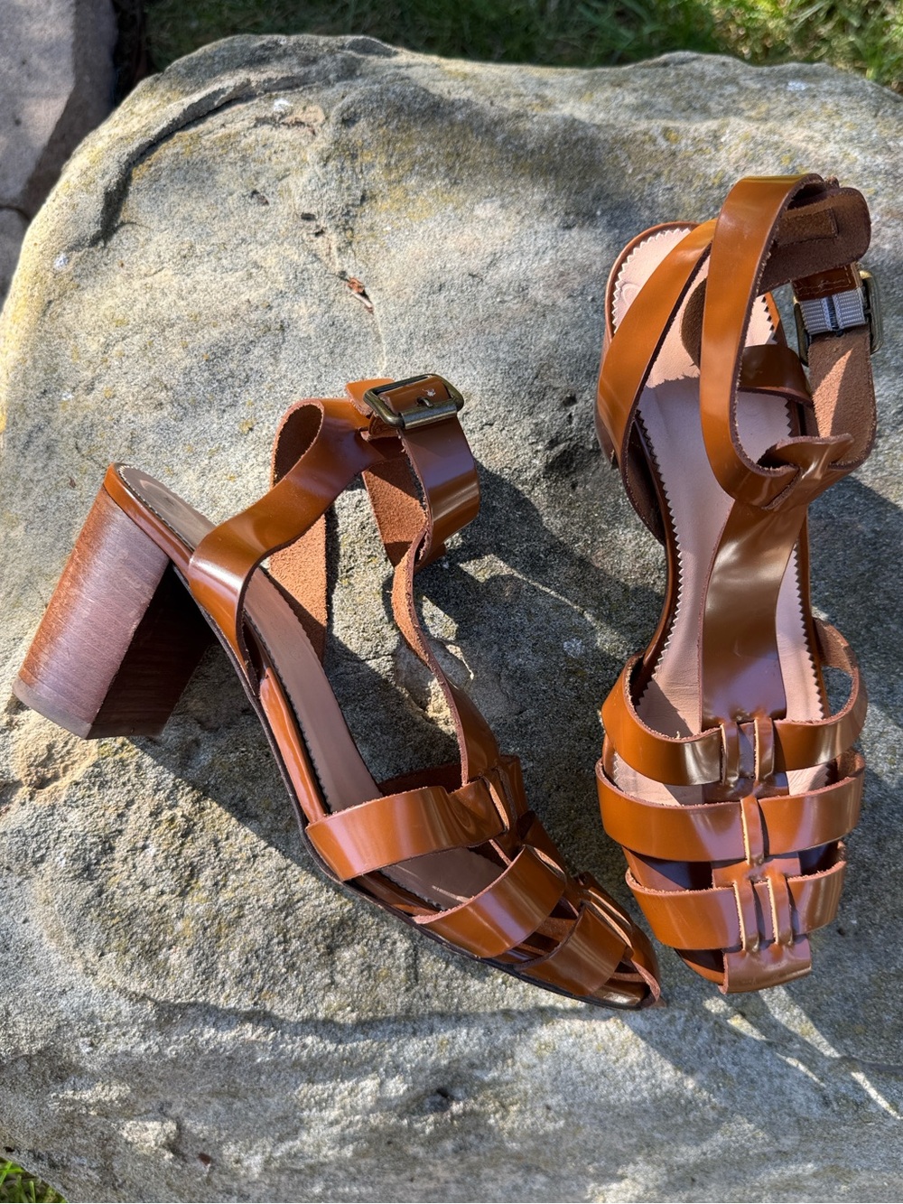 J.Crew Fisherman Pumps Shiny Spazzolato Leather Brown Block Heel 7.5